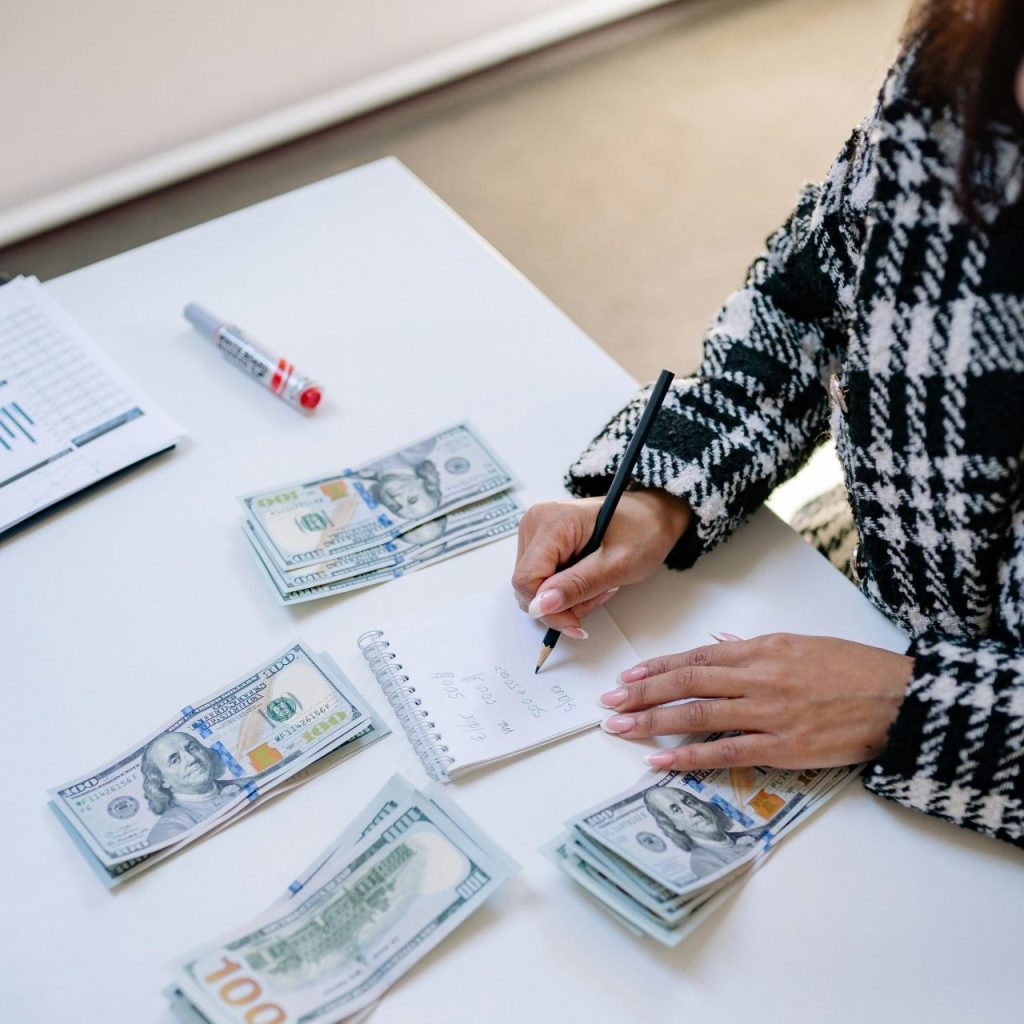 A woman calculating finances with piles of cash and a notepad on a white table.